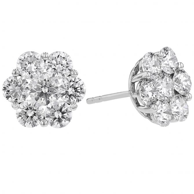 Diamond Cluster Stud Earrings in White Gold, 3.14 cttw