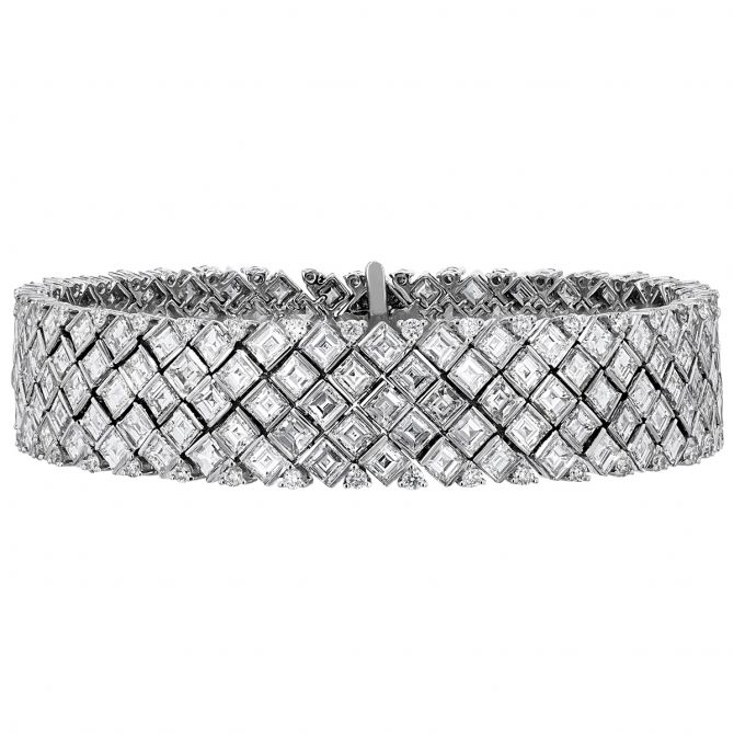 Asscher Cut & Round Diamond Checkerboard Bracelet in White Gold, 7"