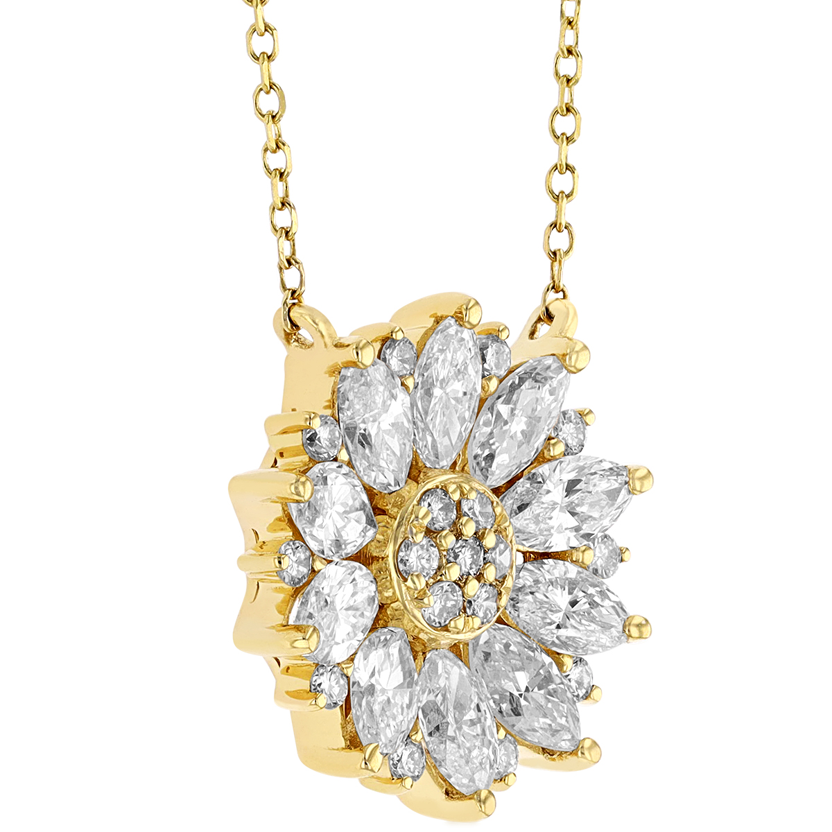 Marquise & Round Diamond Daisy Cluster Necklace in Yellow Gold, 16