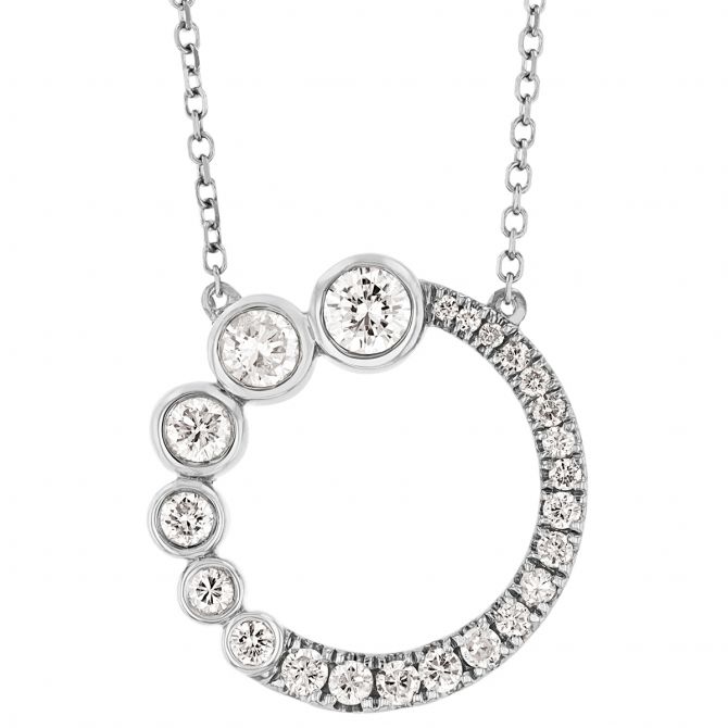 Diamond Prong & Bezel Set Graduated Open Circle Necklace in White Gold, 16"