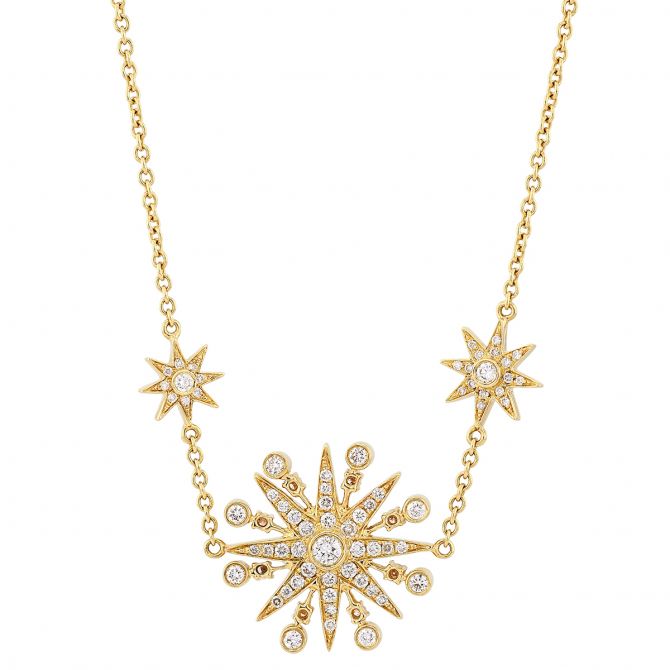 Diamond Starburst 3 Station Necklace in Yellow Gold, 38"