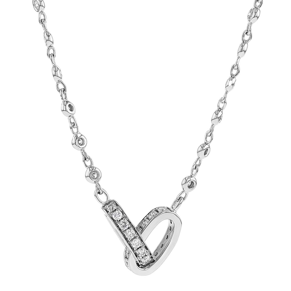 Diamond Oval Link Station Necklace in White Gold, 32