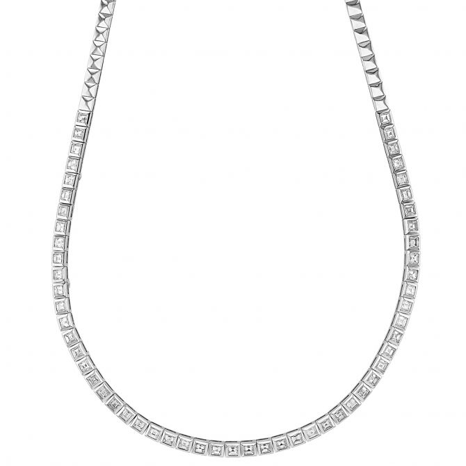Asscher Cut Diamond Bezel Set Tennis Necklace in White Gold, 16"