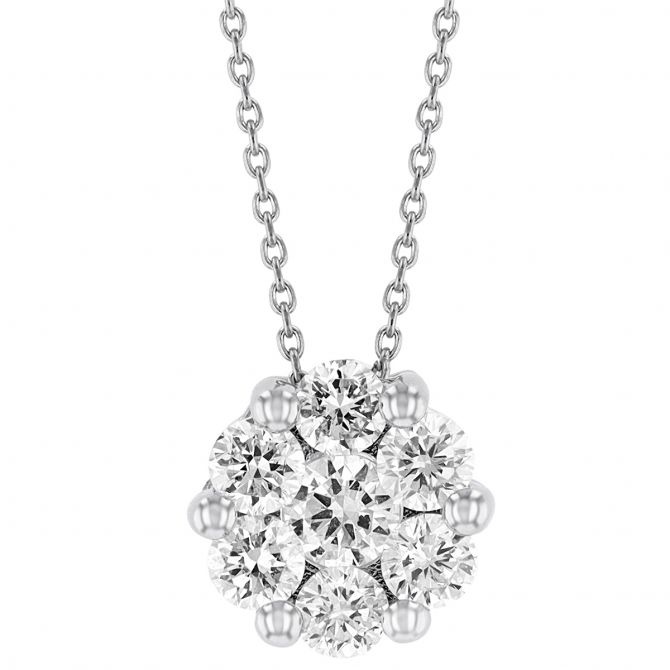 Diamond Cluster Circle Necklace in White Gold, 16"