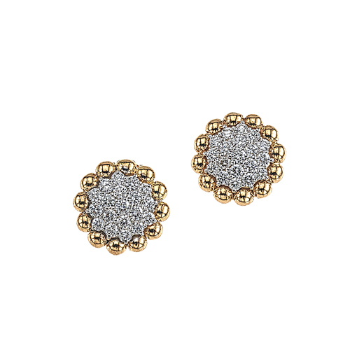 Diamond Pave Cluster Stud Earrings in White Gold with Yellow Gold Beaded Edge