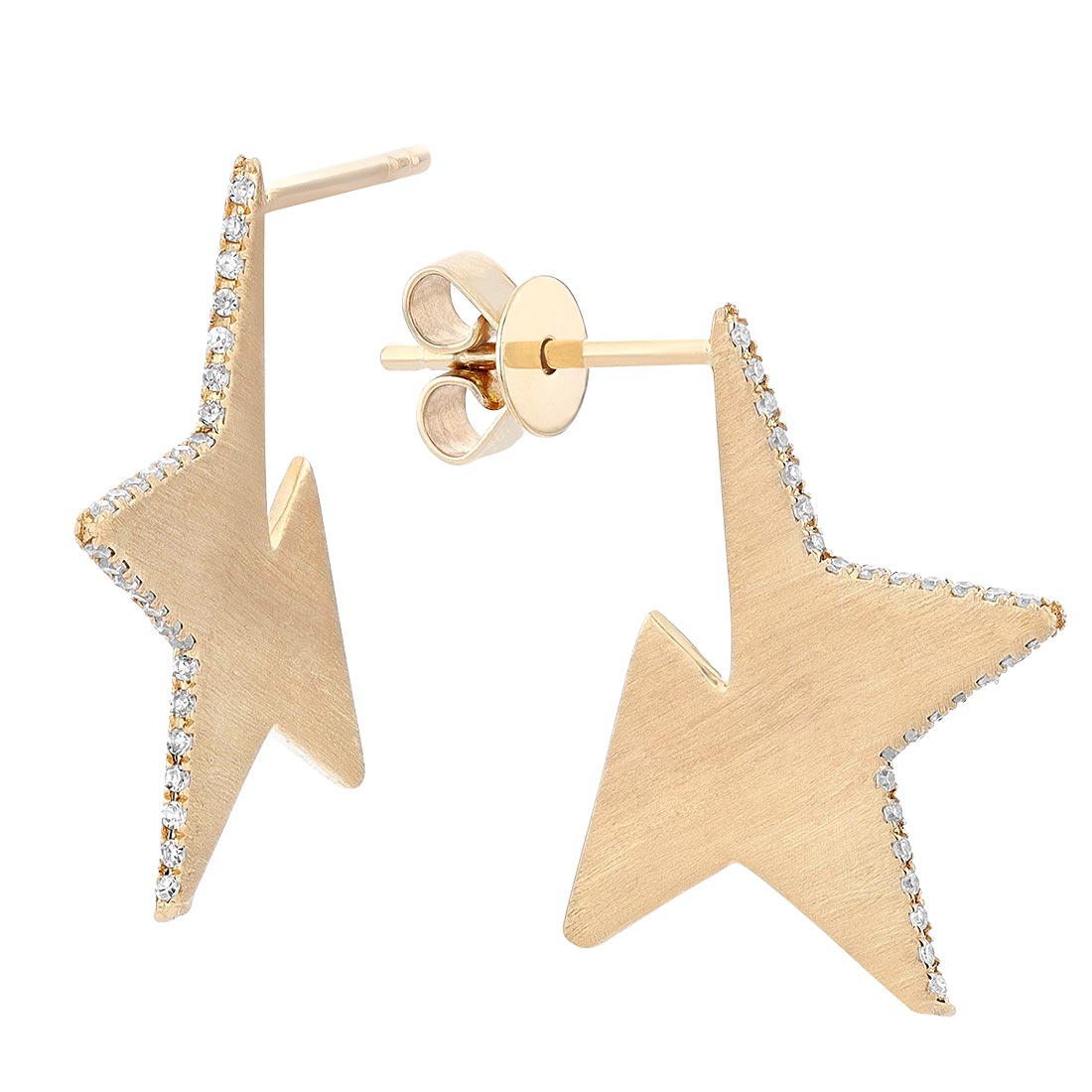Yellow Gold Satin Star Cutout Post Back Earrings with Diamond Edges