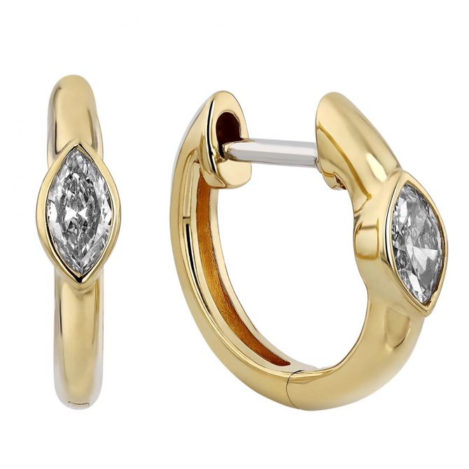 Yellow Gold Huggie Hoop Earrings with Bezel Set Marquise Diamonds