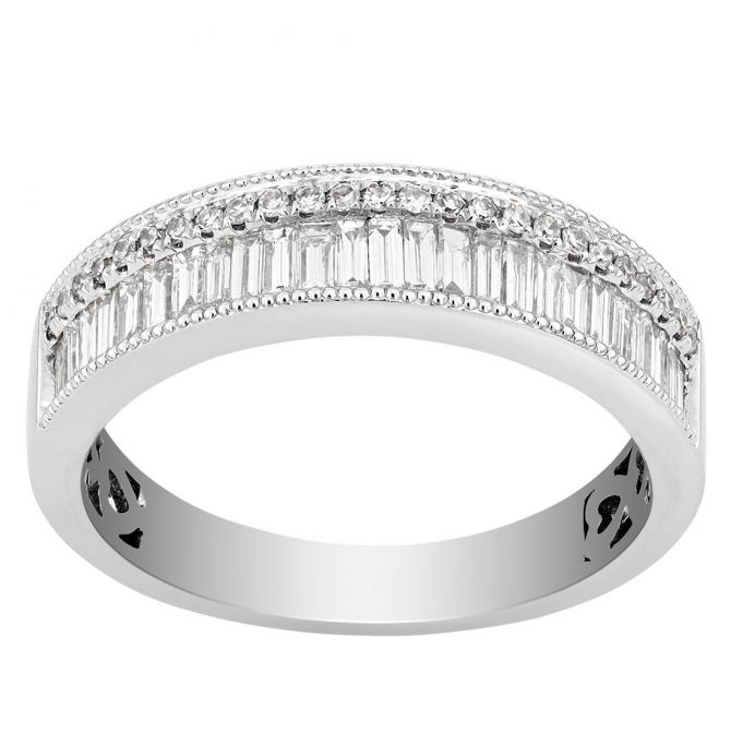Baguette & Round Diamond 2 Row Channel Set Ring with Milgrain in White Gold