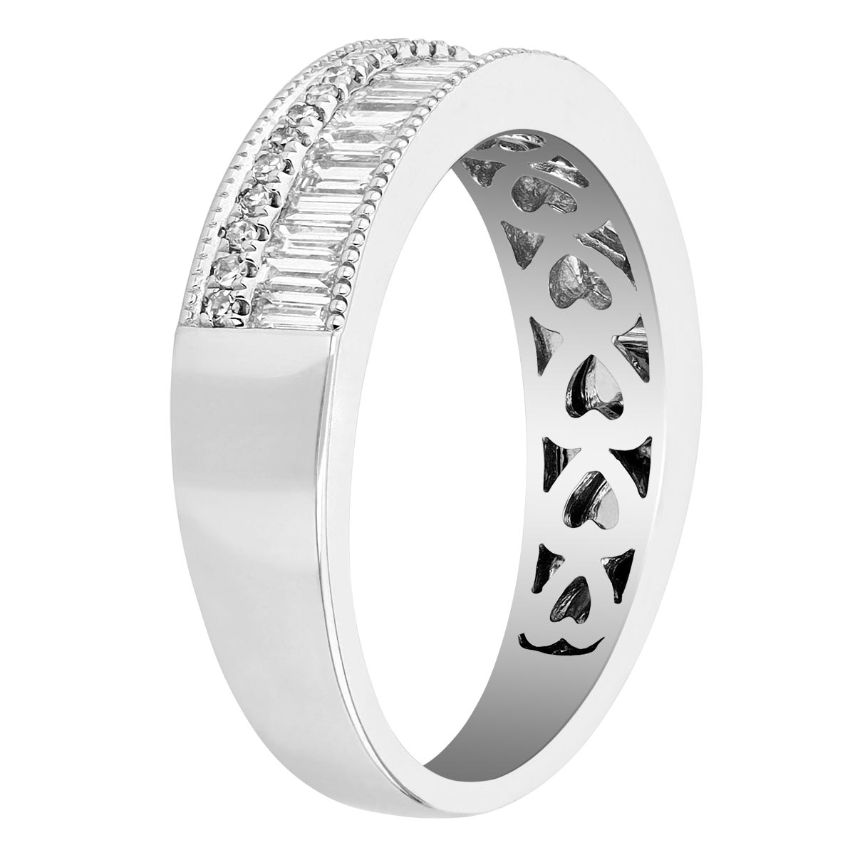 Baguette & Round Diamond 2 Row Channel Set Ring with Milgrain in White Gold