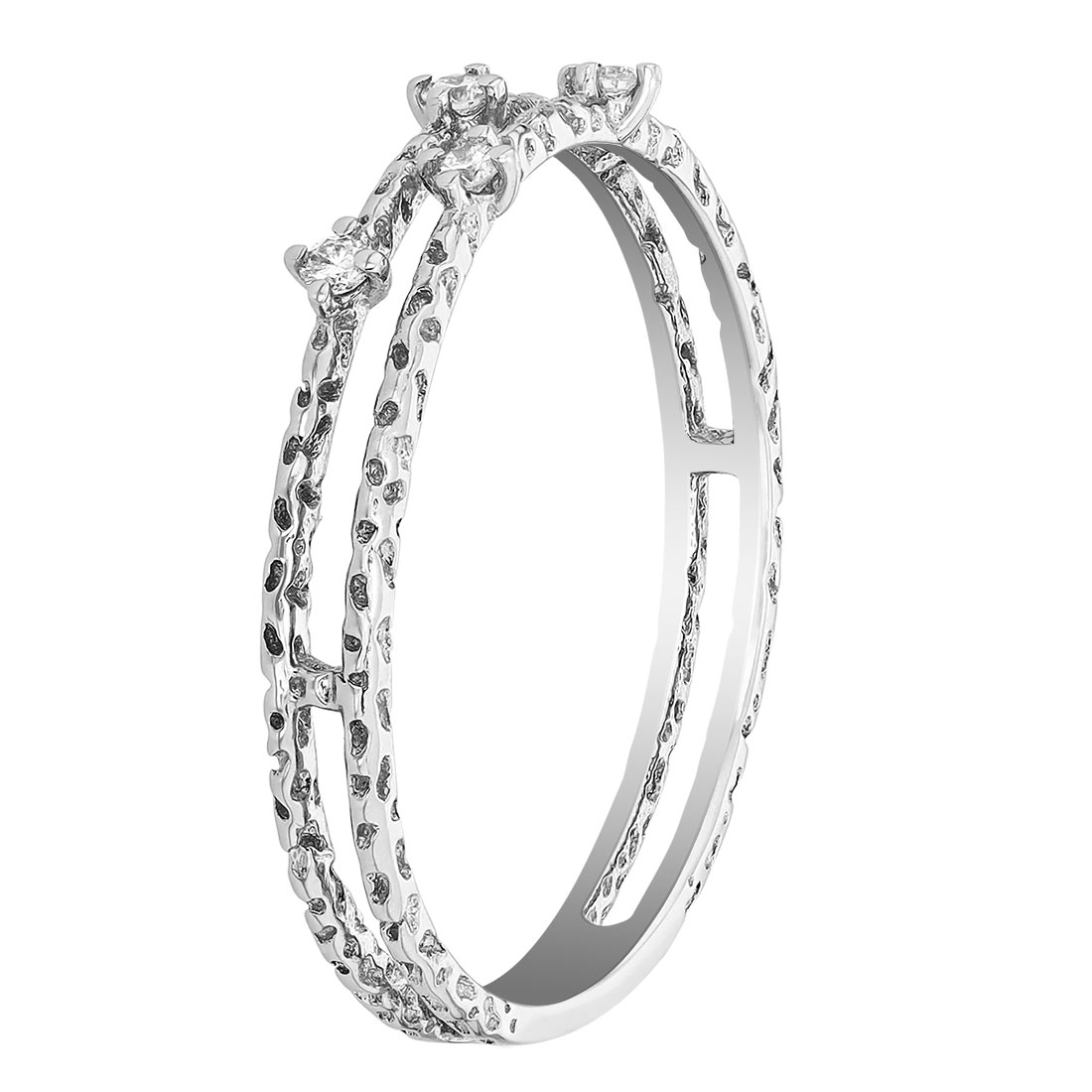Diamond Prong Set Ring with Textured 2 Row Shank in White Gold