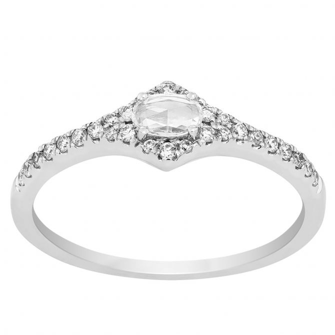 Rose Cut Diamond Ring with Tapered Pavé Crown in White Gold