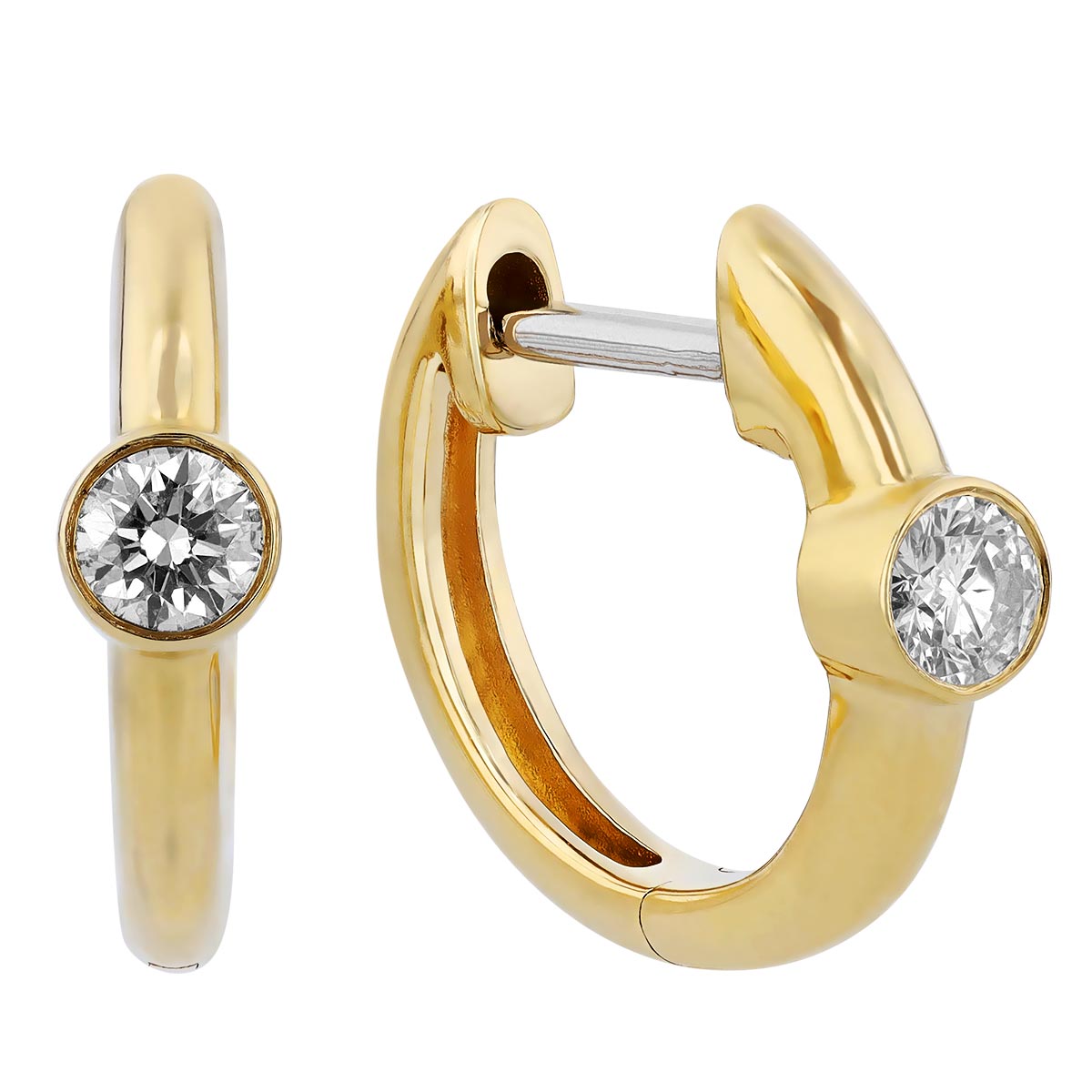 Yellow Gold Huggie Hoop Earrings with Bezel Set Round Diamonds | Borsheims