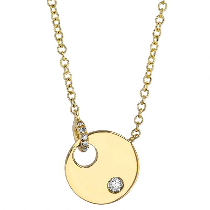 Yellow Gold Disc Punch Hole Necklace with Flush Set Diamond, 18"