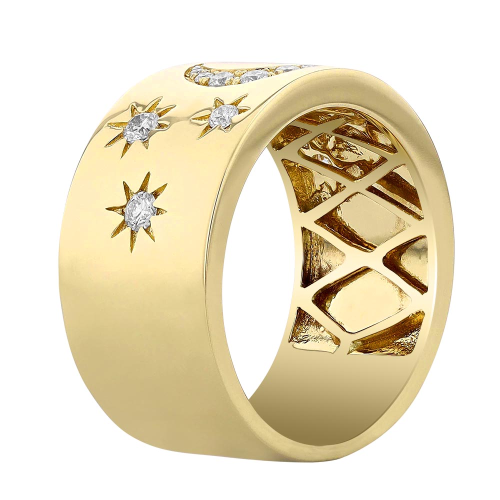 Diamond Moon & Stars Band Ring in Yellow Gold