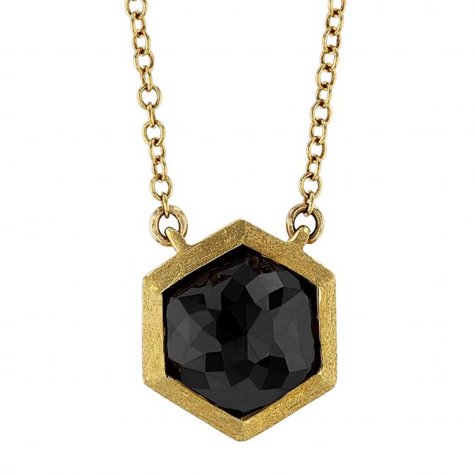 Black Diamond Hexagon Necklace in Satin Yellow Gold, 18"
