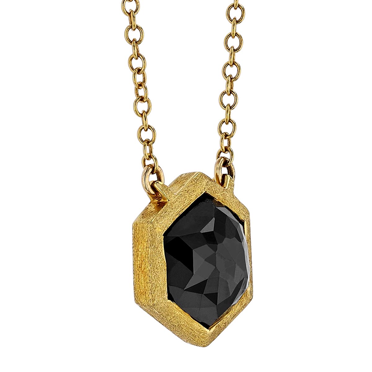 Black Diamond Hexagon Necklace in Satin Yellow Gold, 18