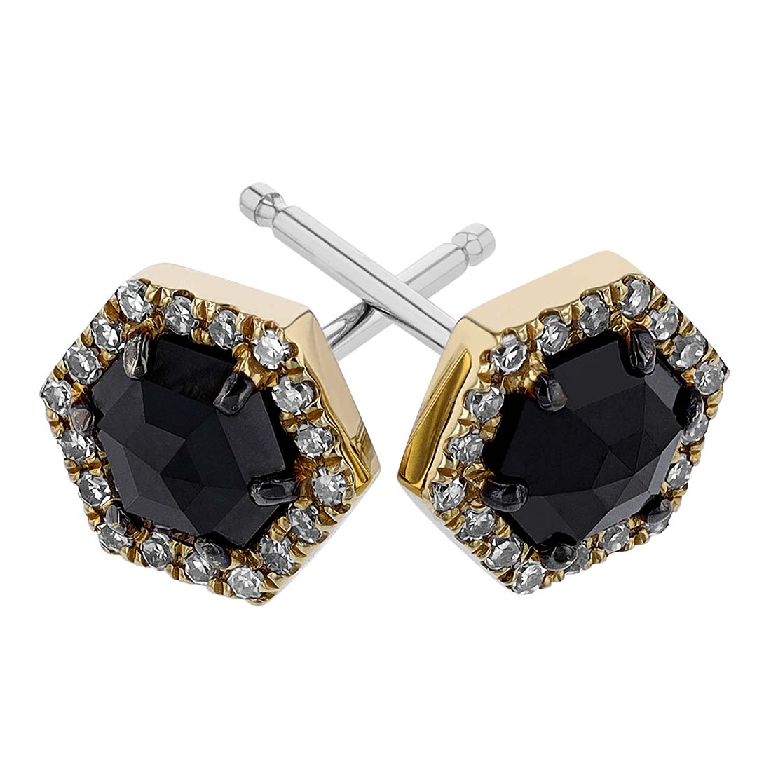 Black Diamond Hexagon Halo Stud Earrings in Yellow Gold