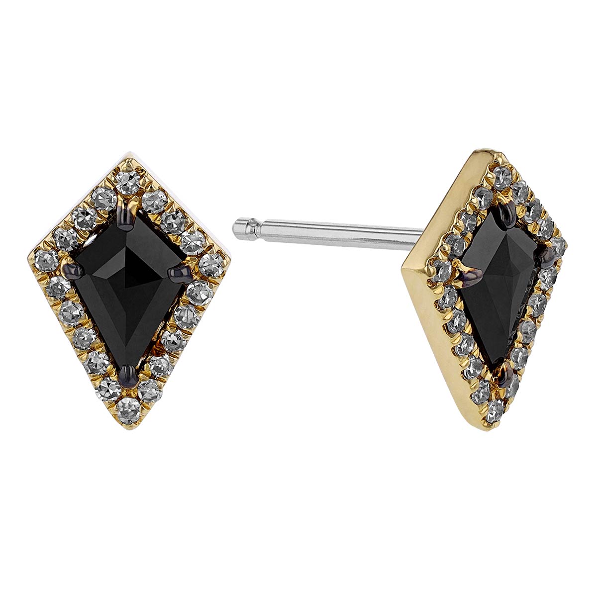 Black Diamond Kite Halo Stud Earrings in Yellow Gold