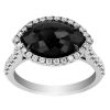 Black Diamond Navette Ring with White Diamond Halo in White Gold