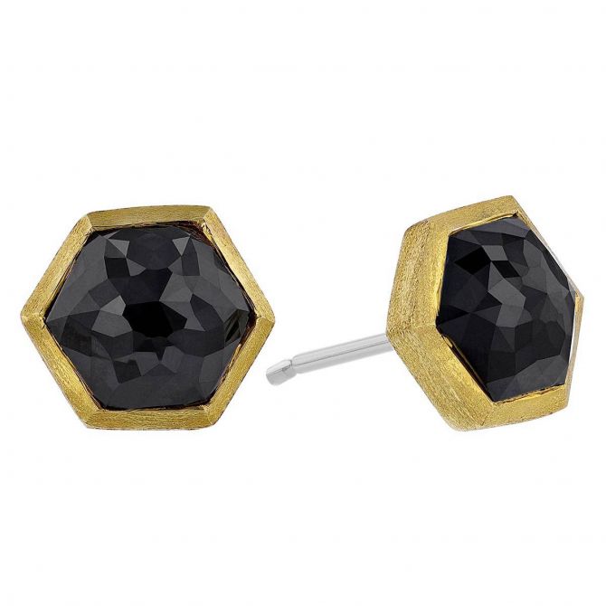 Black Diamond Hexagon Stud Earrings in Satin Yellow Gold