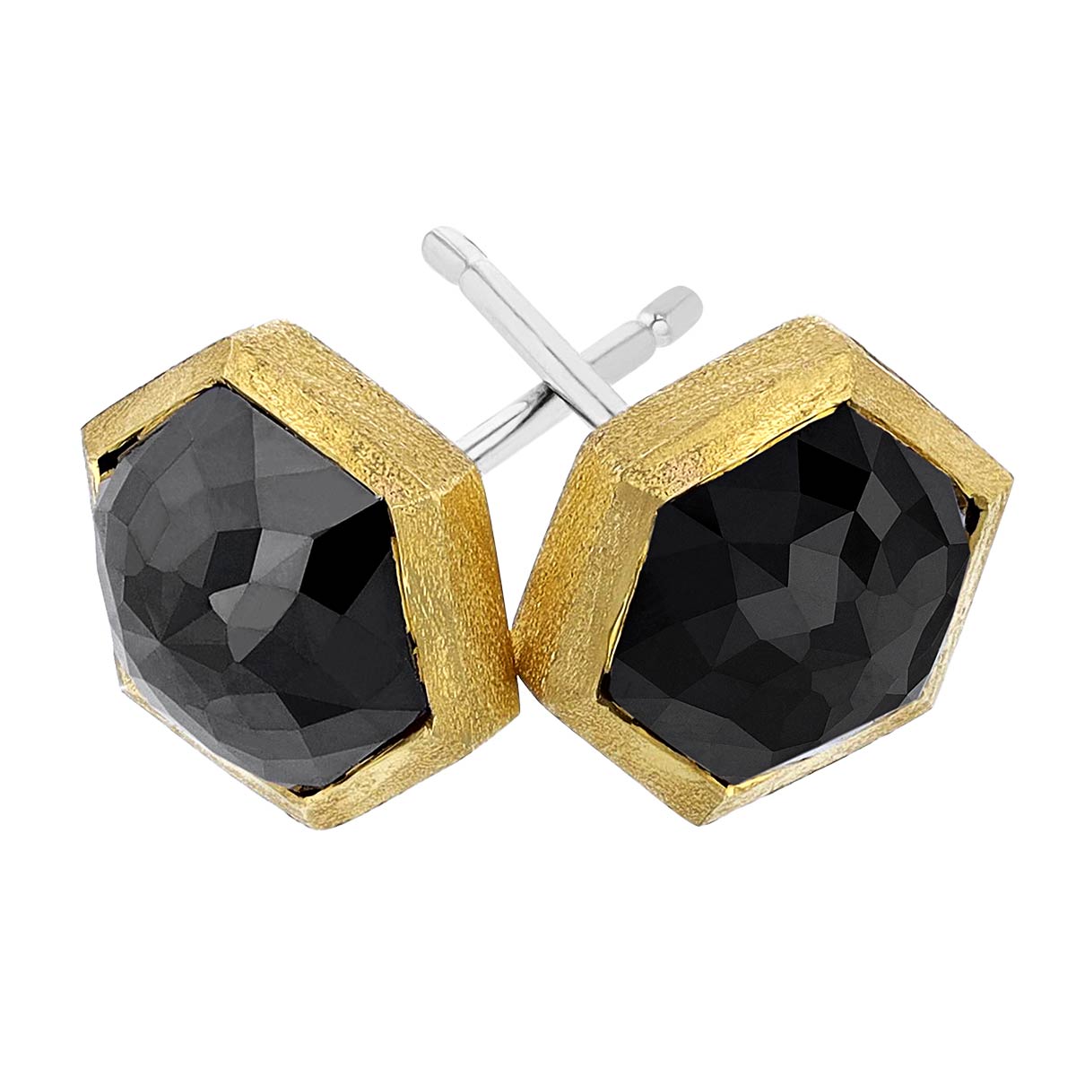 Black Diamond Hexagon Stud Earrings in Satin Yellow Gold