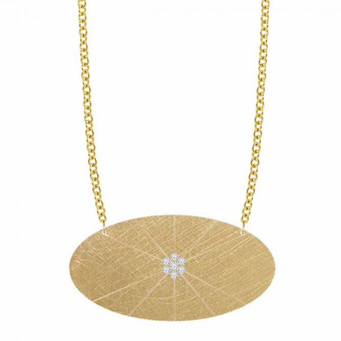 Julez Bryant Yellow Gold Coin Edge Engraved Oval Medallion Necklace with Diamonds