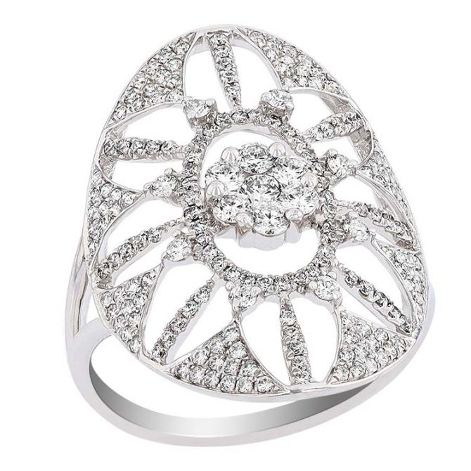 Doves Deco Diamond Open Floral Pattern Saddle Ring in White Gold