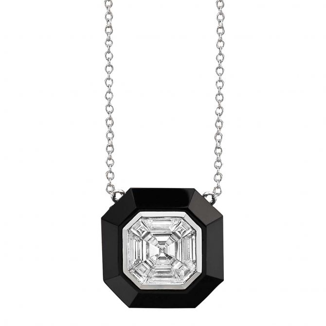 Doves Mondrian Invisible Set Diamond Mosaic & Black Onyx Necklace in White Gold, 18"