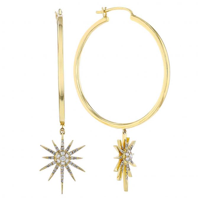 Doves Celestia Yellow Gold Hoop Earrings with Diamond Starburst Dangles