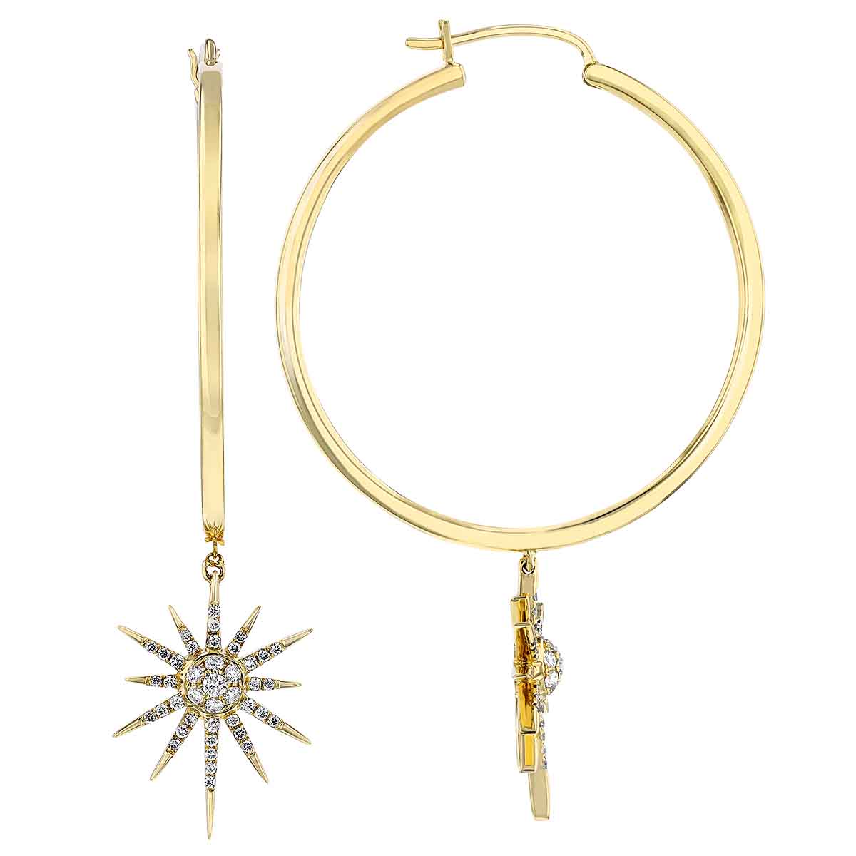 Doves Celestia Yellow Gold Hoop Earrings with Diamond Starburst Dangles