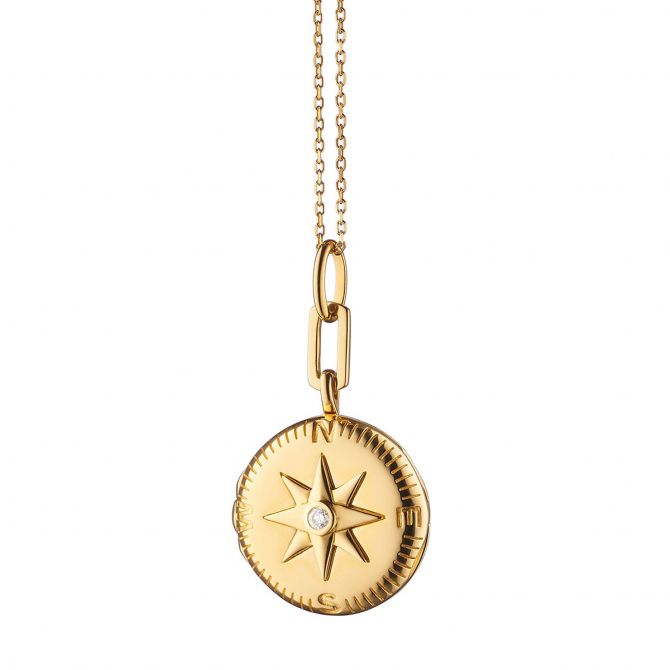 Monica Rich Kosann Travel Compass Locket Pendant in Yellow Gold with Diamond,  17"