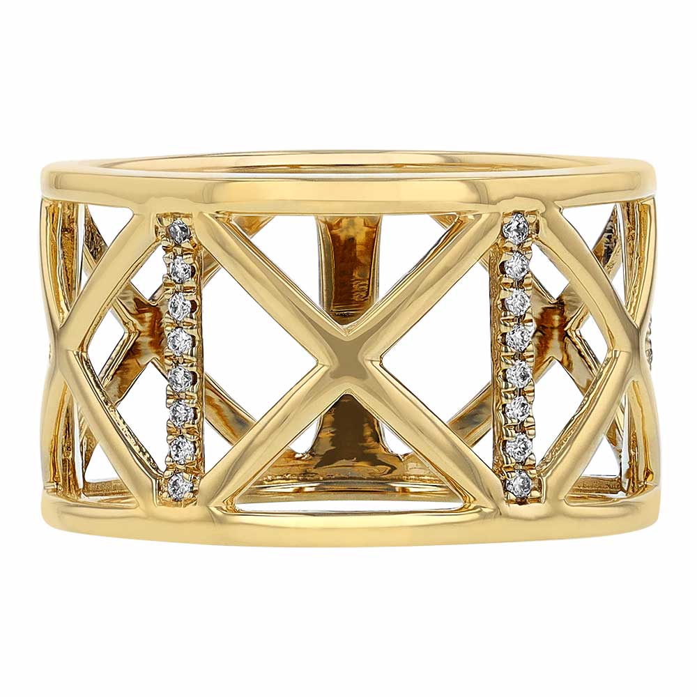 Yellow Gold Geometric Lattice Pattern Band Ring with Diamonds