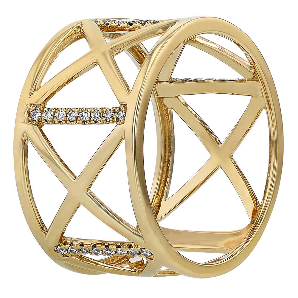 Yellow Gold Geometric Lattice Pattern Band Ring with Diamonds