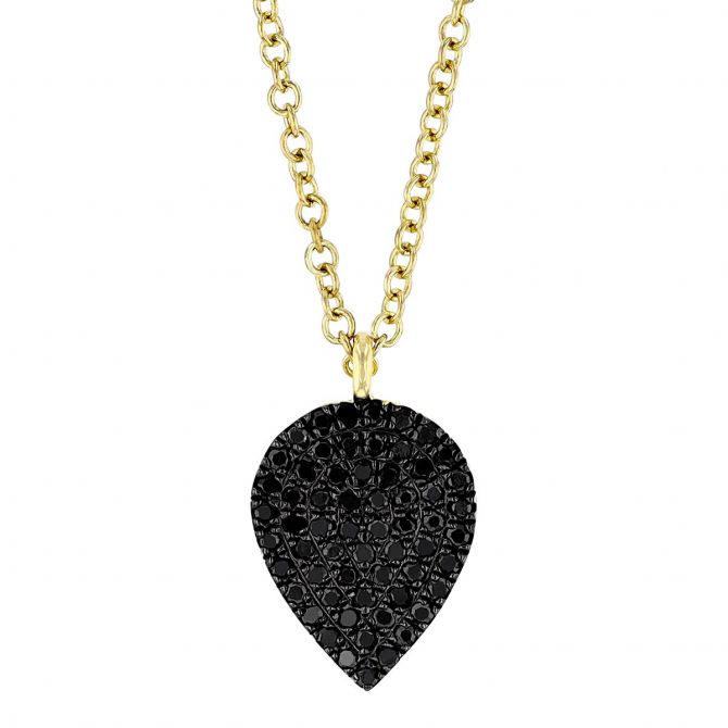 Black Diamond Pavé Teardrop Pendant in Yellow Gold & Black Rhodium, 18"