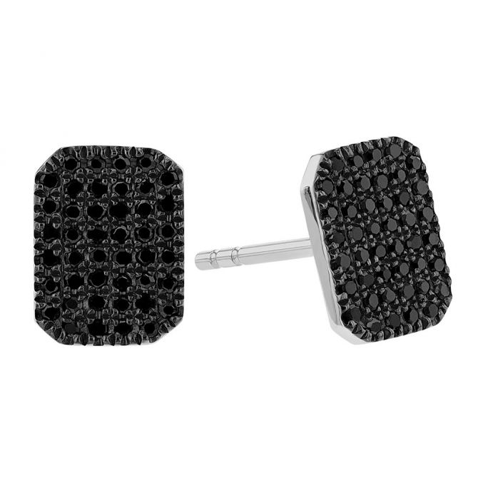 Black Diamond Pavé Beveled Square Post Earrings in White Gold & Black Rhodium