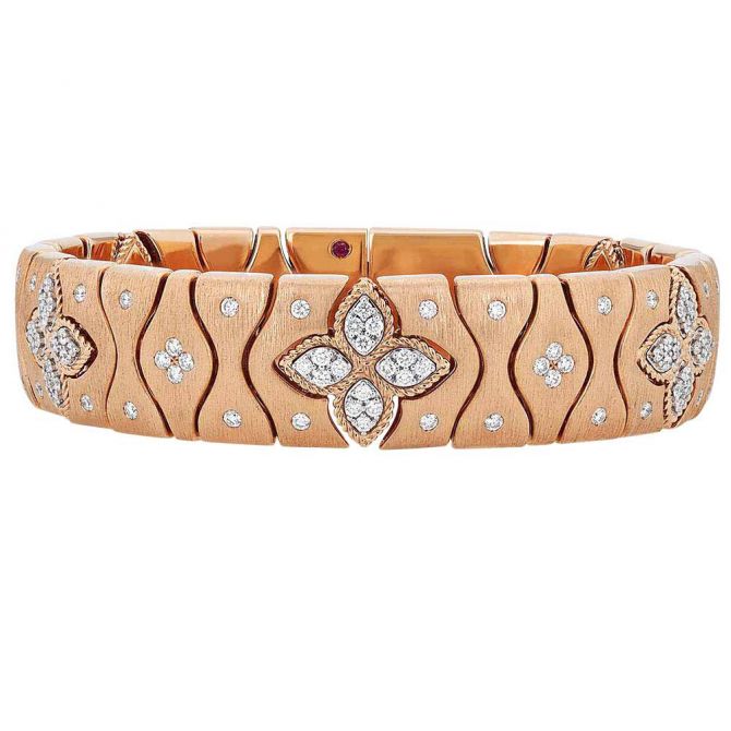 Roberto Coin Royal Princess Flower Diamond Satin Wide Bracelet in Rose Gold