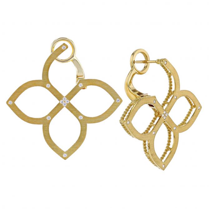 Roberto Coin Princess Flower Satin Yellow Gold Open Flower Post Earrings with Diamonds