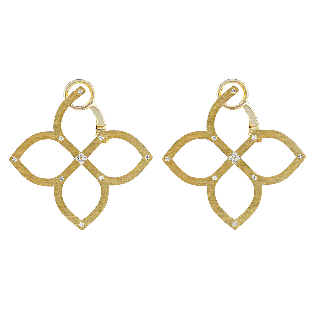 Roberto Coin Princess Flower Satin Yellow Gold Open Flower Post Earrings with Diamonds