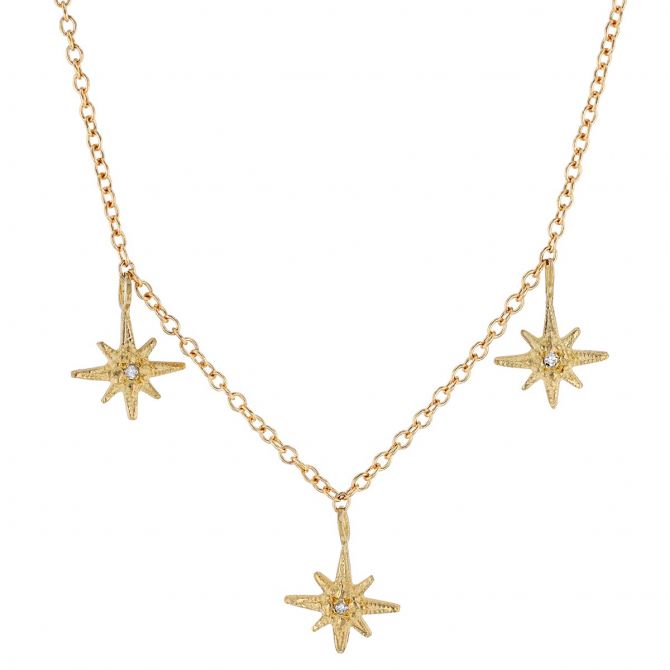 Robin Haley Tiny Gratitude Star Diamond 3 Station Necklace in Yellow Gold 16"