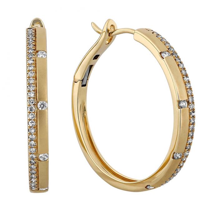 Diamond Pavé & Flush Set 2 Row Hoop Earrings in Yellow Gold