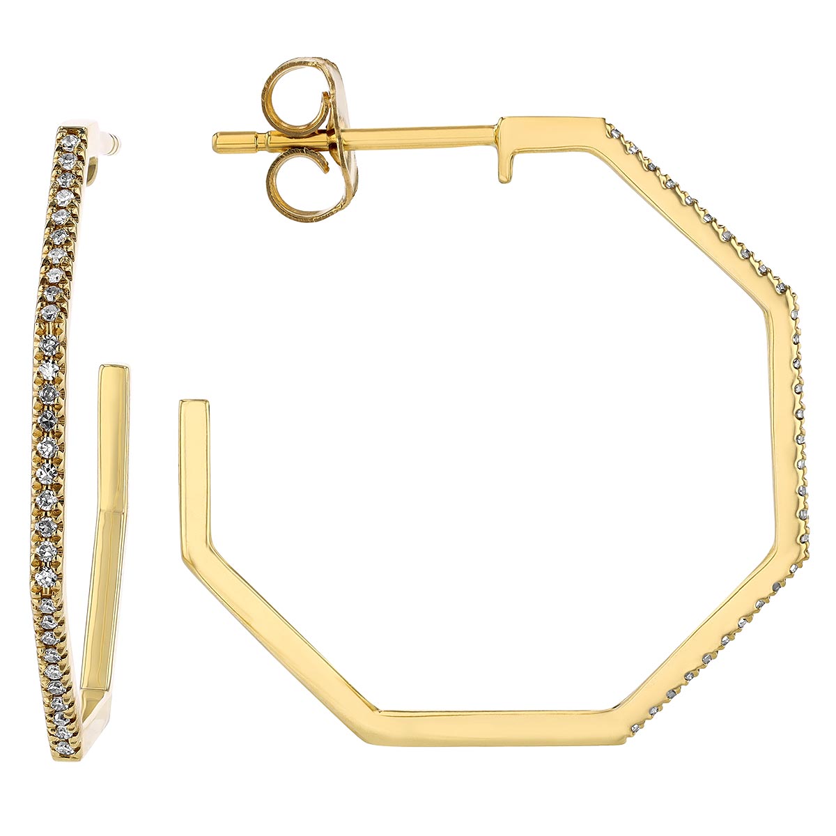 Diamond Octagon Shaped Hoop Earrings in Yellow Gold, 0.15 cttw