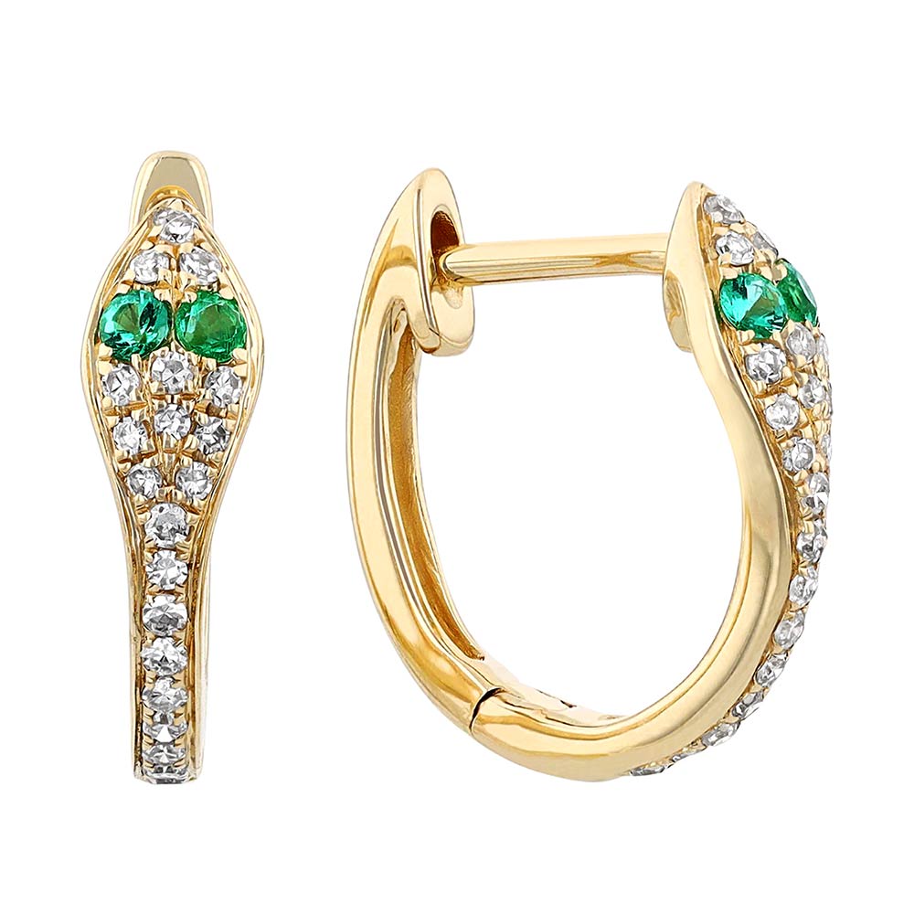 Emerald & Diamond Pave Snake Huggie Hoop Earrings in Yellow Gold