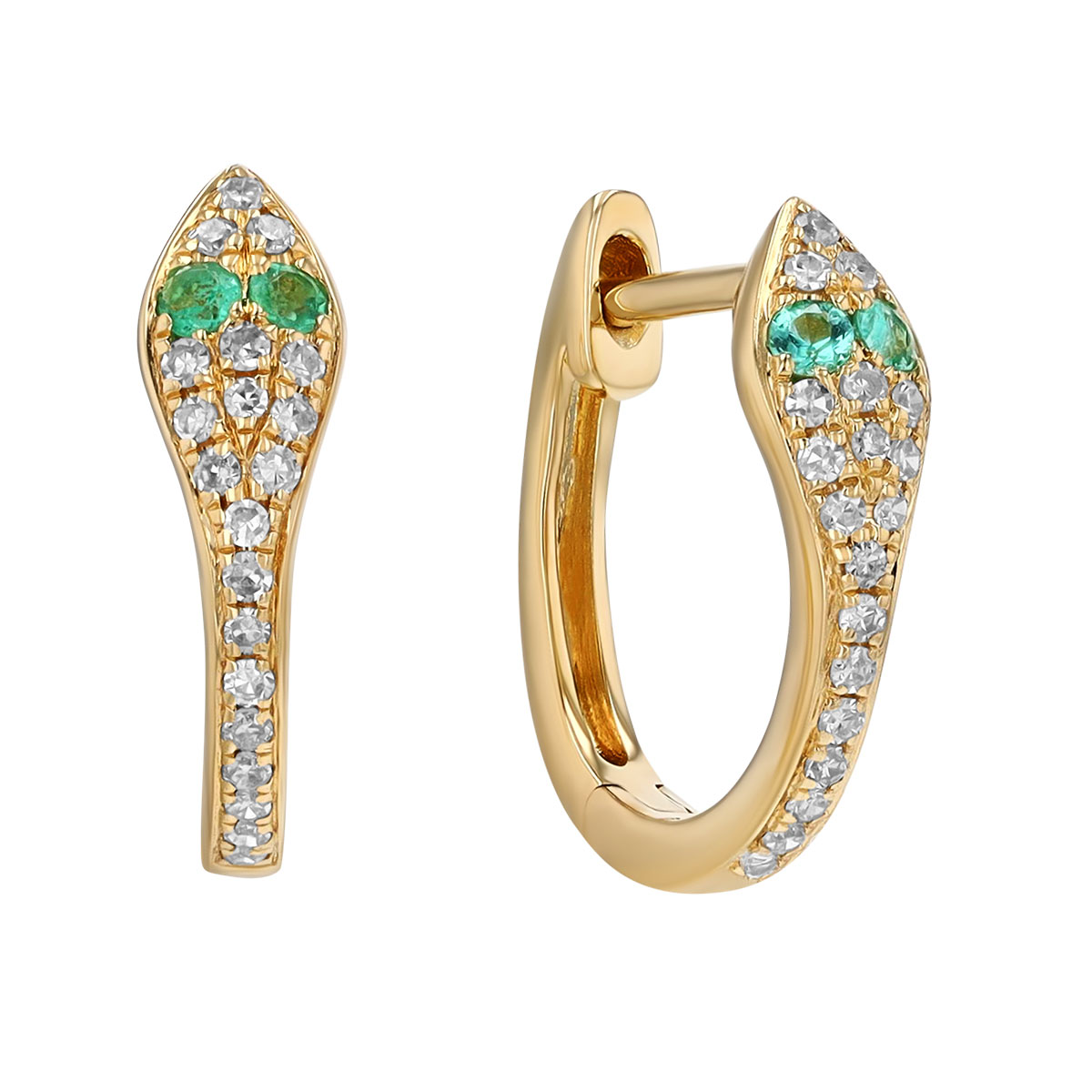 Emerald & Diamond Pave Snake Huggie Hoop Earrings in Yellow Gold