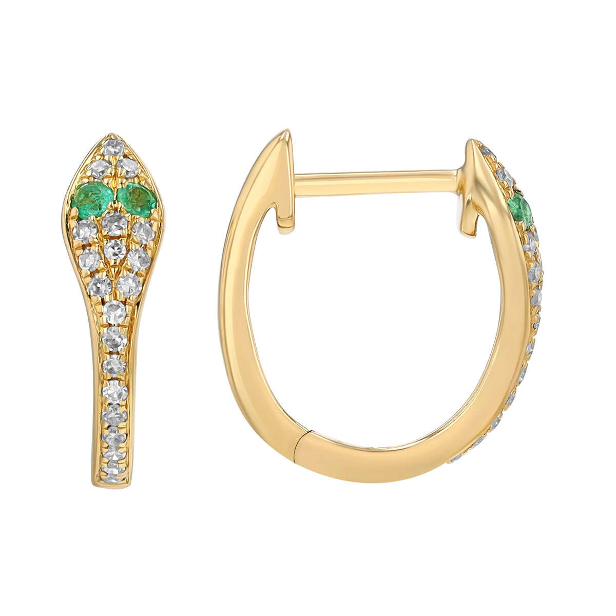 Emerald & Diamond Pave Snake Huggie Hoop Earrings in Yellow Gold