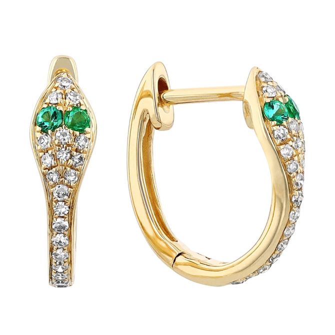 Emerald & Diamond Pave Snake Huggie Hoop Earrings in Yellow Gold