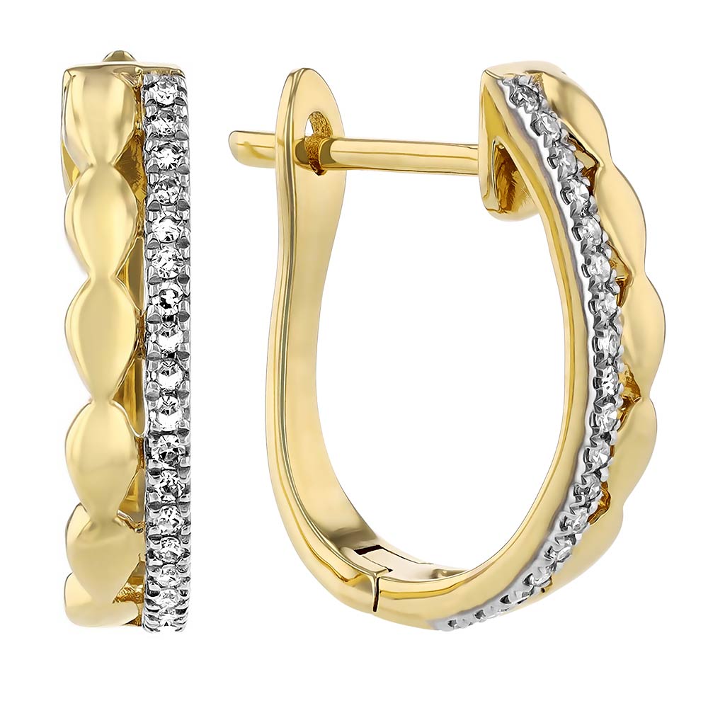 Diamond & Scalloped Pattern Small Hoop Earrings in Yellow Gold