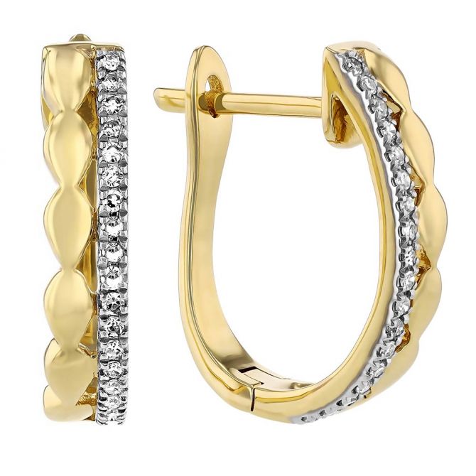 Diamond & Scalloped Pattern Small Hoop Earrings in Yellow Gold
