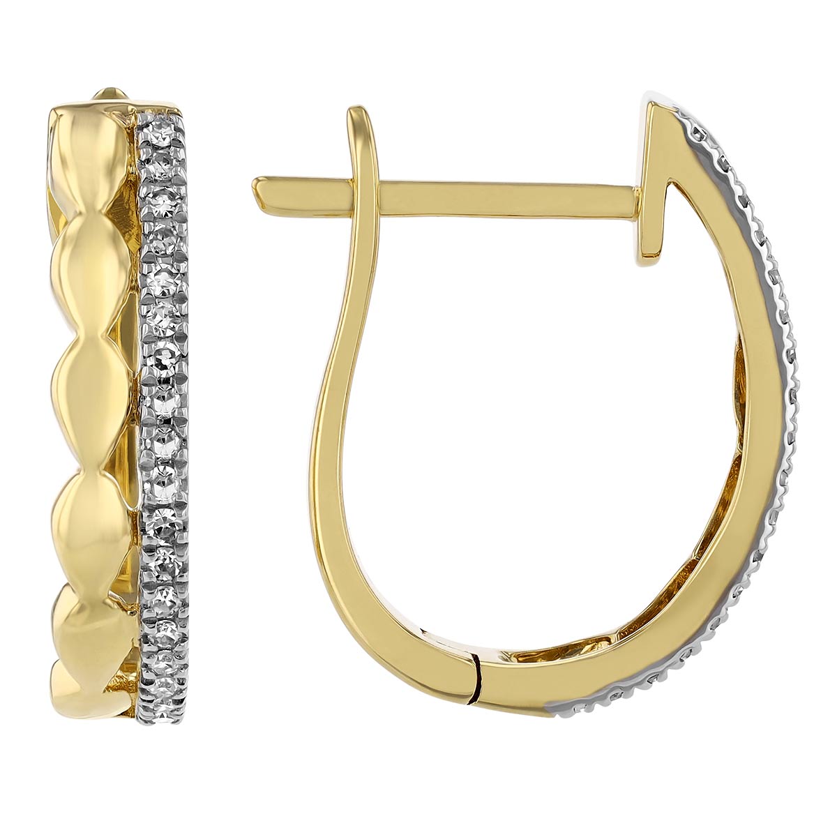 Diamond & Scalloped Pattern Small Hoop Earrings in Yellow Gold
