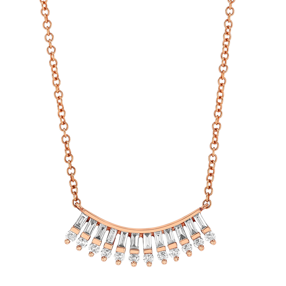 Baguette & Round Diamond Fringe Necklace in Rose Gold, 18