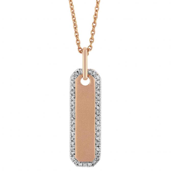 Rose Gold Matte Long Tag Pendant with Diamond Halo, 18"